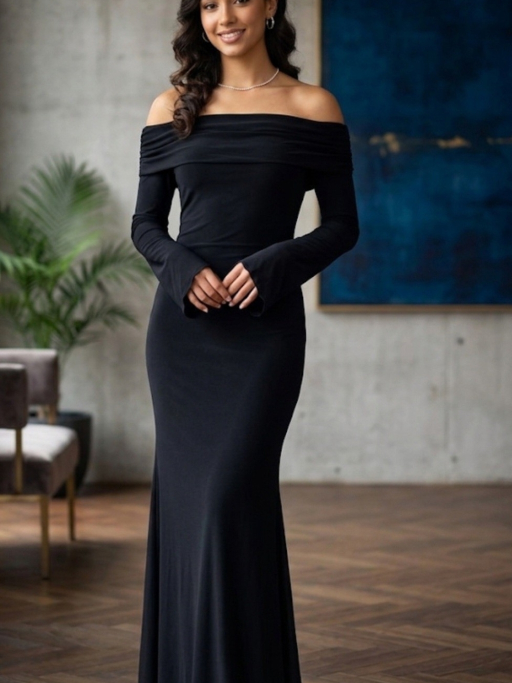 Others Follow Off-Shoulder Long Sleeve Black Gown